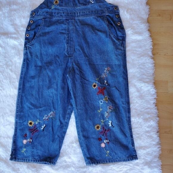 AGAPO Floral Embroidered 90s Cropped Vintage Denim Overalls Sz L Garden Blue - Picture 3 of 9